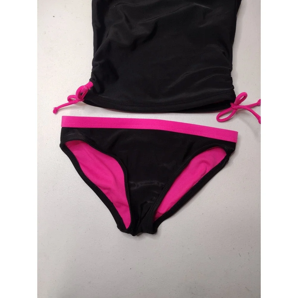 Wonder Nation Girls Black Hot Pink Cinch Side Tankini Swimsuit Set Size S 6-6X